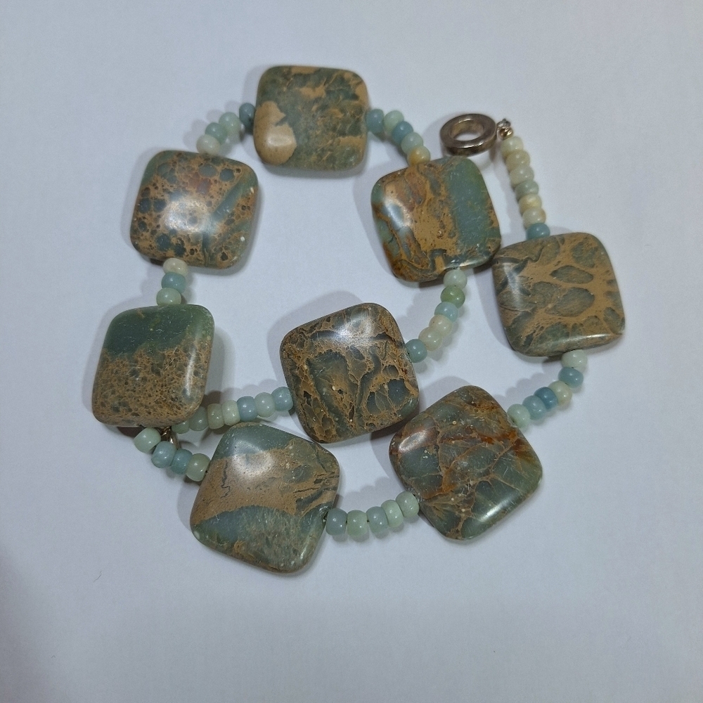 Teal Beaded Square Stone Marble Style Statement Costume Jewelry Necklace - Picture 3 of 11